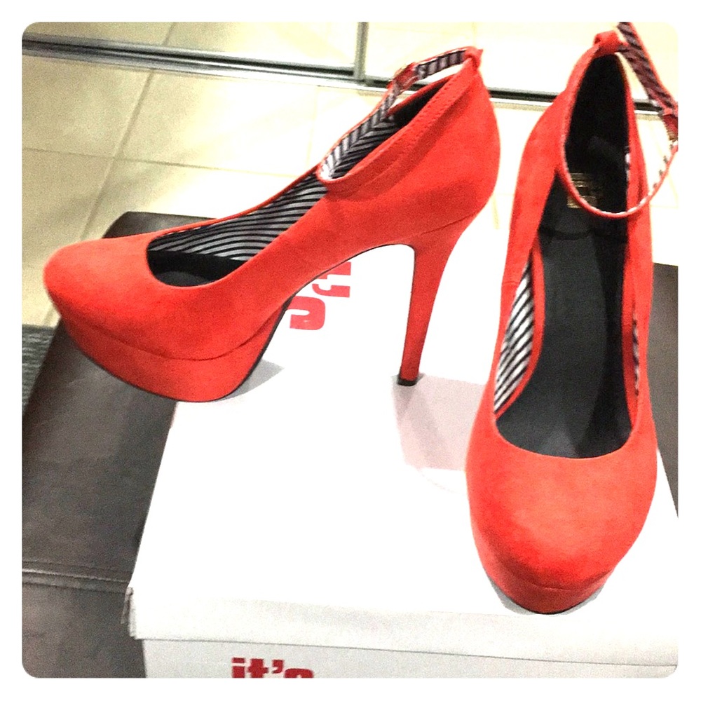 Hot Red high heel ankle strap suede pumps